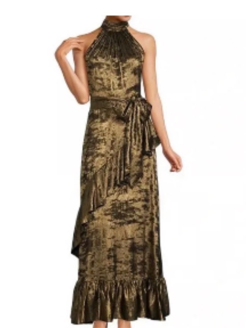 Alex Marie "Tiffany" Liquid Gold Metallic Halter Maxi Dress